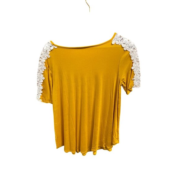 Mustard Yellow Lace Shoulder Womens T-Shirt Top M By 42 Pops - Picture 3 of 4